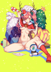 Rule 34 | 1girl, antlers, arm up, bell, blush, boots, box, breasts, cameltoe, candy, candy cane, capelet, character request, christmas, christmas tree, food, fur trim, gift, gift box, hair ornament, hat, highres, hitachi magic wand, horns, long hair, looking at viewer, medium breasts, navel, no bra, one eye closed, panties, pink eyes, pink hair, popsicle, red footwear, sack, santa boots, santa hat, sex toy, side-tie panties, snow globe, solo, spread legs, star (symbol), star hair ornament, twintails, underwear, vibrator, white panties, yes-no pillow, zuizi