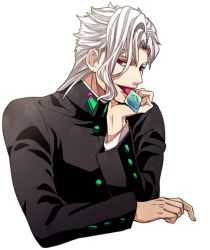 Rule 34 | 1boy, alternate hair color, bad id, bad pixiv id, condom, condom in mouth, earrings, gakuran, jewelry, jojo no kimyou na bouken, kakyoin noriaki, looking at viewer, male focus, moru, mouth hold, palette swap, red eyes, school uniform, solo, tongue, tongue out, white hair