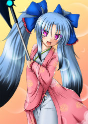 Rule 34 | 1girl, :d, alternate costume, aqua hair, basa rotan (cyan0114), basa rutan, highres, japanese clothes, kimono, long hair, looking at viewer, lyrical nanoha, mahou shoujo lyrical nanoha, mahou shoujo lyrical nanoha a&#039;s, mahou shoujo lyrical nanoha a&#039;s portable: the battle of aces, levi the slasher, open mouth, purple eyes, smile, solo, twintails, vulnificus