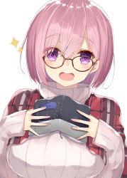 Rule 34 | 1girl, alternate costume, bad id, bad pixiv id, blush, book, breasts, brown-framed eyewear, commentary request, dutch angle, fate/grand order, fate (series), glasses, hair between eyes, hands up, holding, holding book, large breasts, long sleeves, mash kyrielight, open book, pink hair, plaid, purple eyes, short hair, simple background, sleeves past wrists, solo, sparkle, sweater, turtleneck, turtleneck sweater, white background, white sweater, yuzu-aki