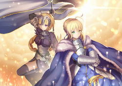 Rule 34 | 2girls, ahoge, armor, armored dress, artoria pendragon (all), artoria pendragon (fate), banner, black legwear, blonde hair, blue ribbon, fate/apocrypha, fate/stay night, fate (series), gauntlets, green eyes, hair ornament, hair ribbon, highres, holding, holding sword, holding weapon, jeanne d&#039;arc (fate), jeanne d&#039;arc (ruler) (fate), long hair, looking at viewer, multiple girls, purple eyes, ribbon, saber (fate), short hair, sword, thighhighs, weapon, xiaosan ye