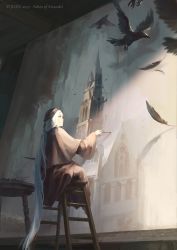 Rule 34 | 1girl, absurdly long hair, artist name, bird, brown capelet, brown hat, capelet, chair, church, cloak, commentary, copyright name, crow, dark souls (series), dark souls iii, dated, falling feathers, feathers, from behind, hat, highres, holding, holding paintbrush, jlien-, long hair, long sleeves, paintbrush, painting (action), painting (object), painting woman, ponytail, sitting, smile, solo, table, very long hair, wide sleeves, wooden chair, wooden table