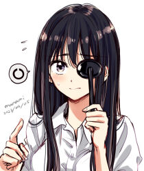Rule 34 | 1girl, black hair, blush, breasts, buttons, closed mouth, collared shirt, commentary request, dated, dress shirt, eye chart, flying sweatdrops, hair between eyes, hands up, himawari-san, himawari-san (character), holding, index finger raised, landolt c, long hair, looking at viewer, medium breasts, nervous, no eyewear, occluder, purple eyes, shirt, signature, simple background, sketch, solo, speech bubble, spoken letter, sugano manami, sweat, upper body, vision test, white background, white shirt