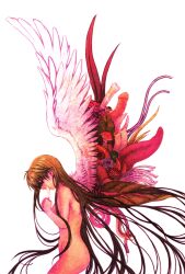 Rule 34 | 1girl, angel wings, asymmetrical wings, body horror, commentary request, completely nude, cowboy shot, eyeball, feathered wings, feathers, flower wings, from side, green hair, highres, holding, holding feather, leaf wings, long hair, mismatched wings, mushroom, nude, own hands together, plant wings, profile, purple eyes, saitou nekoichi, sayonara wo oshiete, simple background, snake, solo, sugamo mutsuki, tendril, tentacles, tongue, very long hair, white background, white wings, wings