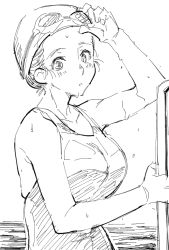 Rule 34 | 1girl, :o, adjusting eyewear, arm up, bare shoulders, breasts, collarbone, goggles, goggles on head, greyscale, large breasts, monochrome, one-piece swimsuit, open mouth, original, short hair, simple background, solo, swim cap, swimsuit, water, wet, white background, youhei 64d