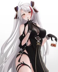 Rule 34 | 1girl, :o, alcohol, alternate costume, antenna hair, azur lane, black dress, black gloves, blush, bow, breasts, brown eyes, commentary request, contrapposto, cup, dress, gloves, gradient background, grey background, hair between eyes, head tilt, higashigure, highres, holding, holding cup, large breasts, long hair, looking at viewer, mole, mole on breast, multicolored hair, prinz eugen (azur lane), prinz eugen (cordial cornflower) (azur lane), red hair, sidelocks, silver hair, solo, streaked hair, thighs, two side up, very long hair