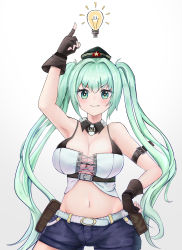 Rule 34 | 1girl, absurdres, ammunition belt, aqua eyes, aqua hair, belt, black headwear, blue shorts, blush, breasts, brown gloves, character name, cleavage, closed mouth, commentary, crop top, denim, denim shorts, detached collar, fang, fang out, feet out of frame, fingerless gloves, girls&#039; frontline, gloves, hand on own hip, hand up, highres, index finger raised, lamp, large breasts, long hair, looking at viewer, micro uzi (girls&#039; frontline), micro uzi (mod3) (girls&#039; frontline), navel, shirt, shorts, simple background, smile, solo, soribit95, standing, twintails, white background, white belt, white shirt