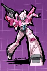 Rule 34 | 1girl, arcee, artist name, autobot, blue eyes, fusion, gun, holding, holding gun, holding weapon, makoto ono, mecha, mechanical wings, no humans, open hand, purple background, robot, science fiction, smile, solo, starscream, transformers, transformers: generation 1, weapon, wings