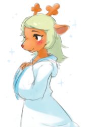 Rule 34 | 1girl, animal ears, animal nose, antlers, blonde hair, blush, body fur, brown eyes, cowboy shot, deer ears, deer girl, deltarune, dress, female focus, flat chest, from side, furry, furry female, hands on own chest, hands up, happy, hood, hood down, hooded dress, horns, ingi, long hair, long sleeves, looking to the side, noelle holiday, orange fur, own hands together, parted bangs, parted lips, reindeer antlers, sidelocks, simple background, sketch, smile, snout, solo, sparkle, standing, white background, white dress, wide sleeves