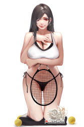 Rule 34 | 1girl, absurdres, arm under breasts, artist logo, artist name, ball, bare arms, bare shoulders, between breasts, black hair, black panties, breast hold, breasts, closed mouth, commentary, crop top, earrings, english commentary, final fantasy, final fantasy vii, hand on own chest, highres, hoop earrings, hu dako, jewelry, kneeling, large breasts, lips, long hair, looking at viewer, mole, mole on breast, navel, no pants, paid reward available, panties, patreon logo, patreon username, racket, red eyes, shirt, simple background, smile, solo, stomach, straight hair, string panties, swept bangs, tank top, tennis ball, tennis racket, thong, tifa lockhart, underwear, white background, white shirt, white tank top