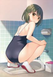 Rule 34 | 1girl, absurdres, ass, back, bare legs, bare shoulders, bathroom, bekotarou, blush, brown eyes, commentary request, competition school swimsuit, from behind, green hair, half updo, highres, indoors, looking at viewer, looking back, no socks, one-piece swimsuit, open mouth, original, pee, peeing, peeing self, scan, school swimsuit, shoes, short hair, side ponytail, solo, squat toilet, squatting, swimsuit, tile wall, tiles, toilet, toilet paper, toilet use, uwabaki