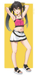 Rule 34 | 1girl, :p, animal print, armpits, arms behind head, arms up, bare legs, black hair, camisole, character request, commentary, crop top, flat chest, full body, hair between eyes, hair ribbon, heart, heart necklace, highres, idolmaster, idolmaster cinderella girls, idolmaster cinderella girls u149, jewelry, long hair, looking at viewer, matoba risa, midriff, miniskirt, navel, necklace, pinepin, ribbon, sandals, skirt, solo, spaghetti strap, standing, stomach, thighs, tiger print, tongue, tongue out, twintails, very long hair, white skirt, yellow eyes, yellow ribbon
