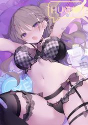 Rule 34 | 1girl, :o, bandaid, black bra, black panties, black thighhighs, bra, breasts, bridal garter, brown hair, cherry, choker, cleavage, commentary request, earrings, food, fruit, garter belt, groin, hair ornament, heart, heart-shaped pupils, highres, jewelry, large breasts, long hair, looking at viewer, medicine, navel, open mouth, original, outstretched arms, panties, pillow, plaid, plaid bra, purple eyes, solo, stomach, symbol-shaped pupils, thighhighs, underwear, underwear only, yoruneko