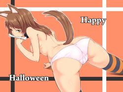 Rule 34 | 1girl, animal ears, ass, back, black thighhighs, blush, bone, breasts, brown hair, english text, green eyes, halloween, happy halloween, kakone, long hair, looking back, multicolored background, orange background, orange thighhighs, original, panties, solo, striped clothes, striped thighhighs, tail, thighhighs, topless, two-tone thighhighs, underwear, white panties, wolf ears, wolf girl, wolf tail