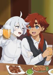 Rule 34 | 2girls, :d, ahoge, alcohol, beer, beer mug, black vest, blue eyes, chicken (food), collared shirt, commentary, corrupted twitter file, cup, dark-skinned female, dark skin, drink, firu104287, food, french fries, fried chicken, fruit, grey eyes, gundam, gundam suisei no majo, hair between eyes, hair over shoulder, hand on another&#039;s arm, highres, holding, holding cup, indoors, jewelry, kebab, lemon, lemon slice, lettuce, long hair, long sleeves, looking at another, miorine rembran, mug, multiple girls, open mouth, pea pod, plate, red hair, ring, shirt, short hair, skewer, smile, suletta mercury, table, teeth, thick eyebrows, upper body, upper teeth only, vest, wedding ring, white hair, white shirt, wife and wife, yuri