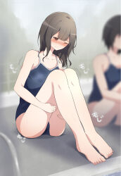 Rule 34 | 2girls, barefoot, black hair, blue one-piece swimsuit, blurry, blurry background, blush, breasts, closed mouth, collarbone, commentary request, competition school swimsuit, full body, have to pee, highres, knees up, medium hair, multiple girls, nose blush, on ground, one-piece swimsuit, one eye closed, original, outdoors, paid reward available, red eyes, school swimsuit, sitting, small breasts, solo focus, sweat, swimsuit, toenails, toes, variant set, watakarashi, wavy mouth