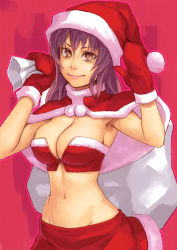 Rule 34 | 1girl, bad id, bad pixiv id, breasts, brown hair, christmas, cleavage, gloves, groin, hat, large breasts, mittens, navel, original, red mittens, santa costume, santa hat, solo, yuuji (and)