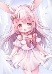 Rule 34 | 1girl, absurdres, animal ear fluff, animal ears, bow, child, choker, dress, dress grab, feathers, hair bow, hanasakichu, highres, long hair, looking at viewer, open mouth, original, pink dress, pink eyes, pink hair, rabbit ears, rabbit girl, short sleeves, smile, solo