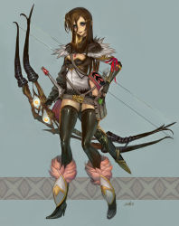 Rule 34 | 1girl, arrow (projectile), bad deviantart id, bad id, black thighhighs, boots, bow, bow (weapon), breasts, brown hair, cleavage, dress, elsevilla, fantasy, full body, fur, grey eyes, high heels, lipstick, long hair, looking at viewer, makeup, medal, medallion, mole, nail polish, pouch, shoes, short dress, simple background, small breasts, smile, solo, sword, thighhighs, weapon
