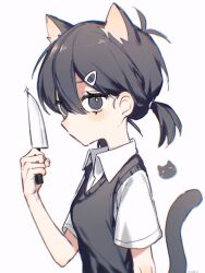 Rule 34 | 1girl, animal ears, antenna hair, artist name, black eyes, black hair, black sweater vest, black tail, cat ears, cat girl, cat tail, collared shirt, genderswap, genderswap (mtf), hair between eyes, hair ornament, hairclip, highres, holding, holding knife, knife, looking at viewer, low twintails, makucrp, no mouth, omori, shirt, short hair, short sleeves, short twintails, solo, sunny (omori), sweater vest, tail, twintails, white background, white shirt