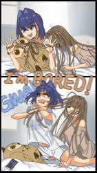 Rule 34 | animal-shaped pillow, bird, blue eyes, blue hair, brown hair, cellphone, comic, hair down, hair intakes, highres, hololive, hololive english, juno ox, long hair, lying, lying on person, multicolored hair, multiple girls, nanashi mumei, on bed, on stomach, ouro kronii, owl, phone, shirt, short hair, smartphone, strangling, streaked hair, stuffed animal, stuffed toy, virtual youtuber