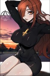 Rule 34 | 1girl, arms up, artist logo, black nails, blush, breasts, covered erect nipples, cowboy shot, cross, dizzle, dress, eyeshadow, female focus, from side, hand up, highres, inverted cross, large breasts, long hair, long sleeves, makeup, nail polish, nipples, orange eyes, parasoul (skullgirls), parted lips, pencil dress, red hair, shadow, short dress, sitting, skullgirls, solo, straight-on, strapless, strapless dress, surprised, teeth, thick thighs, thighs, tube dress, turtleneck, turtleneck dress, wide hips