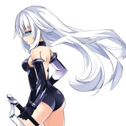 Rule 34 | ass, back muscles, black heart (neptunia), bodysuit, breasts, from side, gloves, green eyes, holding, holding sword, holding weapon, long hair, medium breasts, neptune (series), noire (neptunia), power symbol-shaped pupils, simple background, solo, starmine255, sword, symbol-shaped pupils, thighs, tsundere, weapon, white background, white hair