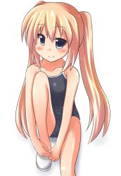 Rule 34 | 1girl, bad id, bad pixiv id, blonde hair, blue eyes, blush, face, highres, long hair, mumumumu, one-piece swimsuit, original, school swimsuit, sitting, smile, solo, swimsuit, twintails