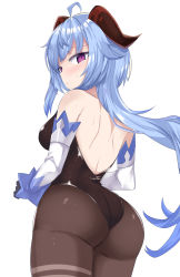Rule 34 | absurdres, ahoge, ass, backless outfit, bare shoulders, bin1998, black legwear, black leotard, blue hair, blush, breasts, curled horns, detached sleeves, from behind, ganyu (genshin impact), genshin impact, gloves, highres, horns, leotard, leotard under clothes, long hair, looking at viewer, low ponytail, purple eyes, solo, thighlet, very long hair, white background, white sleeves