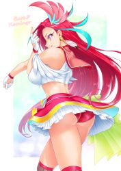 Rule 34 | 1girl, aqua hair, character name, commentary request, cure flamingo, cutout gloves, earrings, eyelashes, gloves, hair ornament, happy, highres, jewelry, kneehighs, long hair, looking at viewer, magical girl, multicolored hair, neziiro, precure, purple eyes, red hair, simple background, skirt, smile, socks, solo, standing, streaked hair, takizawa asuka, tropical-rouge! precure, white background, white gloves