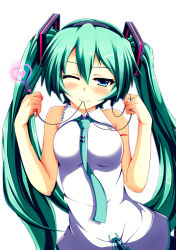 Rule 34 | 1girl, absurdres, aqua eyes, aqua hair, bare shoulders, hatsune miku, heart, highres, lat model (mikumikudance), looking at viewer, mouth hold, necktie, nekur, one eye closed, simple background, smile, solo, vocaloid, wink