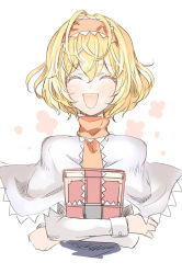 Rule 34 | 1girl, :d, ^ ^, alice margatroid, bad id, bad pixiv id, blonde hair, blush, book, hugging book, capelet, closed eyes, crossed arms, closed eyes, female focus, hairband, holding, holding book, kozou, kozou (soumuden), looking at viewer, hugging object, open mouth, short hair, smile, solo, touhou, upper body