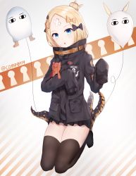 Rule 34 | 1girl, abigail williams (fate), abigail williams (traveling outfit) (fate), absurdres, animal print, black bow, black jacket, black thighhighs, blonde hair, blue eyes, blush, bow, commentary request, crossed bandaids, diagonal stripes, ds a, fate/grand order, fate (series), hair bow, hair bun, hands up, head tilt, highres, jacket, key, keyhole, long hair, long sleeves, looking at viewer, medjed (fate), no shoes, hugging object, official alternate costume, orange bow, parted bangs, parted lips, polka dot, polka dot bow, single hair bun, sleeves past fingers, sleeves past wrists, solo, striped, stuffed animal, stuffed toy, suction cups, teddy bear, tentacles, thighhighs, tiger print, twitter username