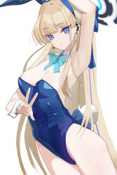 Rule 34 | 1girl, absurdres, animal ears, arm up, armpits, bare shoulders, blonde hair, blue archive, blue bow, blue bowtie, blue eyes, blue leotard, blue ribbon, blunt bangs, bow, bowtie, breasts, cleavage, cleavage cutout, clothing cutout, commentary request, covered navel, cowboy shot, detached collar, earrings, fake animal ears, groin, hair ribbon, halo, highleg, highleg leotard, highres, jewelry, kaleid98731, leotard, light frown, long hair, looking at another, looking at viewer, medium breasts, official alternate costume, playboy bunny, presenting armpit, rabbit ears, rabbit tail, ribbon, simple background, solo, strapless, strapless leotard, tail, thighs, toki (blue archive), toki (bunny) (blue archive), traditional bowtie, v, very long hair, white background, wrist cuffs