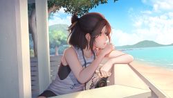 Rule 34 | 1girl, anchor symbol, bare arms, beach, blue sky, brown eyes, brown hair, camera, head rest, cloud, cloudy sky, day, highres, holding, holding camera, looking afar, mochi (chain csn), original, outdoors, parted lips, sand, sitting, sky, sleeveless, solo, striped, summer, tree, water