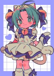 Rule 34 | 1girl, ahoge, animal ears, apron, bell, blue border, blue dress, blue ribbon, blush, border, cat ears, cat girl, cat tail, closed mouth, commentary, dejiko, di gi charat, dress, feet out of frame, frilled apron, frills, green eyes, green hair, grid background, hair bell, hair ornament, hair ribbon, halftone, heart, highres, jingle bell, kneehighs, looking at viewer, menma (enaic31), mittens, neck bell, neck ribbon, outside border, ribbon, short hair, short sleeves, smile, socks, solo, standing, tail, tail ornament, tail ribbon, white apron, white background, white mittens, white socks