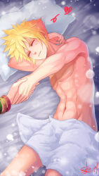 Rule 34 | 1boy, 1girl, abs, blonde hair, cloud strife, earrings, closed eyes, final fantasy, final fantasy vii, final fantasy vii remake, jewelry, muscular, muscular male, navel, pillow, smile, spiked hair, square enix, sylvia m, towel, towel around waist
