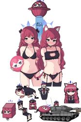 Rule 34 | 1girl, absurdres, animal ear fluff, animal ears, armband, ball, bell, bikini, black bikini, black bra, black choker, black hat, black jacket, black panties, blue archive, blush, book, bra, breasts, cat cutout, cat ear panties, cat ears, cat girl, cat lingerie, cat tail, chibi, choker, cleavage cutout, clenched teeth, closed mouth, clothing cutout, collarbone, cube, doodle sensei (blue archive), frilled bra, frills, grey eyes, halo, hat, highres, holding, holding ball, holding book, hrna, iroha (blue archive), jacket, jingle bell, lingerie, long hair, long sleeves, looking at viewer, meme attire, metal slug, military, military hat, military vehicle, motor vehicle, navel, neck bell, necktie, o-ring, o-ring bikini, objectification, panties, parody, parted lips, paw print, peaked cap, red hair, red necktie, sensei (blue archive), side-tie panties, simple background, solo, standing, swimsuit, table, tail, tank, teeth, thighhighs, tom and jerry, ufo, underwear, underwear only, white background