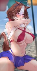 Rule 34 | 1girl, @ @, absurdres, ahoge, alternate costume, animal ears, armpits, bare shoulders, beach, beach umbrella, bikini, bikini skirt, blue sky, blurry, blurry background, blush, bow, breasts, brown hair, chestnut mouth, cleavage, commentary request, ear ribbon, hair between eyes, highres, horse ears, horse girl, horse tail, large breasts, looking at viewer, meisho doto (umamusume), multicolored hair, on ground, outdoors, pleated skirt, poyuyu wa, purple eyes, purple ribbon, purple skirt, red bikini, ribbon, sand, shirt, short hair, sitting, skirt, sky, sleeveless, sleeveless shirt, solo, steaming body, streaked hair, swimsuit, tail, umamusume, umbrella, undressing, visible air, wariza, white hair, white shirt