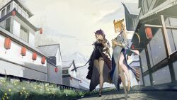 Rule 34 | 2girls, absurdres, animal ears, architecture, arknights, black dress, black footwear, blonde hair, blue nails, breasts, building, bush, chinese clothes, closed eyes, cloud, commentary, demon girl, demon horns, dress, east asian architecture, full body, grey sky, highres, horns, kroos (arknights), kroos the keen glint (along the corridor) (arknights), kroos the keen glint (arknights), lantern, large breasts, lava (arknights), lava the purgatory (arknights), lava the purgatory (dusk wisteria) (arknights), long hair, mountainous horizon, multiple girls, nail polish, natsuba002, one eye closed, outdoors, pointy ears, ponytail, purple hair, rabbit ears, rabbit girl, railing, side slit, sky, thigh strap, white dress, white footwear
