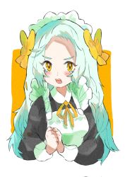 Rule 34 | 1girl, blush, blush stickers, bow, eyelashes, eyes visible through hair, film grain, green hair, green theme, hair bow, highres, hojhcwqlwrfrvnk, light green hair, long hair, looking at viewer, maid, maid headdress, open mouth, original, ribbon, solo, tearing up, teeth, tongue, upper body, upper teeth only, white background, yellow bow, yellow eyes, yellow neckwear, yellow ribbon