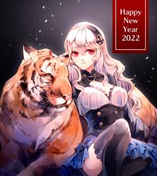 Rule 34 | alternate costume, breasts, chinese zodiac, corrin (female) (fire emblem), corrin (fire emblem), creyton, fire emblem, fire emblem fates, fire emblem heroes, hairband, highres, long hair, looking at viewer, lying on another, medium breasts, nintendo, red eyes, sitting, tiger, white hair, year of the tiger