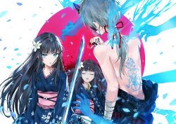 Rule 34 | 3girls, bad id, bad pixiv id, black hair, blue eyes, blue kimono, cigarette, dangmill, closed eyes, flower, grey hair, hair flower, hair ornament, holding, holding sword, holding weapon, japanese clothes, kimono, long hair, low ponytail, multiple girls, obi, original, parted lips, red lips, sash, sword, weapon, wide sleeves