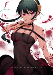 Rule 34 | 1girl, bare shoulders, black choker, black dress, blood, blood on face, blood splatter, bloody weapon, breasts, choker, cleavage, collarbone, commentary request, copyright name, covered navel, cowboy shot, dagger, dress, earrings, flower, green hair, hair flower, hair ornament, hairband, highres, holding, holding weapon, jewelry, kazumaru, knife, lens flare, medium breasts, purple eyes, short hair with long locks, sidelocks, simple background, sleeveless, sleeveless dress, solo, spy x family, two-sided dress, two-sided fabric, weapon, white background, yellow flower, yellow hairband, yor briar