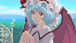 Rule 34 | 1girl, anime coloring, bat wings, blue hair, day, female focus, hat, matsudo aya, nature, ocean, red eyes, remilia scarlet, revision, scenery, short hair, sky, solo, touhou, upper body, white hat, wings