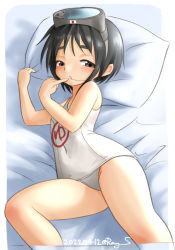 Rule 34 | 1girl, black hair, brown eyes, commentary request, diving mask, diving mask on head, feet out of frame, flat chest, goggles, goggles on head, kantai collection, looking at viewer, lying, maru-yu (kancolle), on side, one-hour drawing challenge, one-piece swimsuit, parted bangs, pillow, ray.s, school swimsuit, short hair, solo, swimsuit, thick eyebrows, white one-piece swimsuit