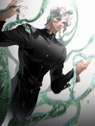 1boy blurry chromatic_aberration closed_mouth cowboy_shot earrings fingernails highres jewelry jojo_no_kimyou_na_bouken kakyoin_noriaki kuriimalekou lips long_sleeves looking_ahead male_focus medium_hair parted_bangs purple_eyes school_uniform solo standing white_hair