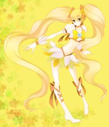 Rule 34 | 10s, 1girl, bad id, bad pixiv id, blonde hair, boots, bow, brooch, cure sunshine, eyelashes, hair ribbon, heart, heart brooch, heartcatch precure!, knee boots, long hair, magical girl, md5 mismatch, midriff, myoudouin itsuki, navel, orange bow, precure, ribbon, skirt, solo, twintails, wogura, wrist cuffs, yellow background, yellow bow, yellow eyes, yellow theme