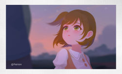 Rule 34 | 1boy, 1girl, artist name, blurry, blurry background, blurry foreground, brown hair, colin reeds, faye (finding paradise), finding paradise, green eyes, highres, looking at another, outdoors, parion, short ponytail, side ponytail, twilight, upper body