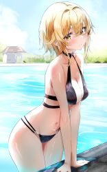 Rule 34 | 1girl, :/, absurdres, alternate costume, bare shoulders, bikini, blonde hair, blush, breasts, cleavage, closed mouth, day, genshin impact, hair between eyes, hair ornament, highres, looking at viewer, lumine (genshin impact), medium breasts, nanashinayuzu mochi, navel, outdoors, pool, short hair, short hair with long locks, sidelocks, solo, stomach, swimsuit, thighs, wading, water, wet, yellow eyes